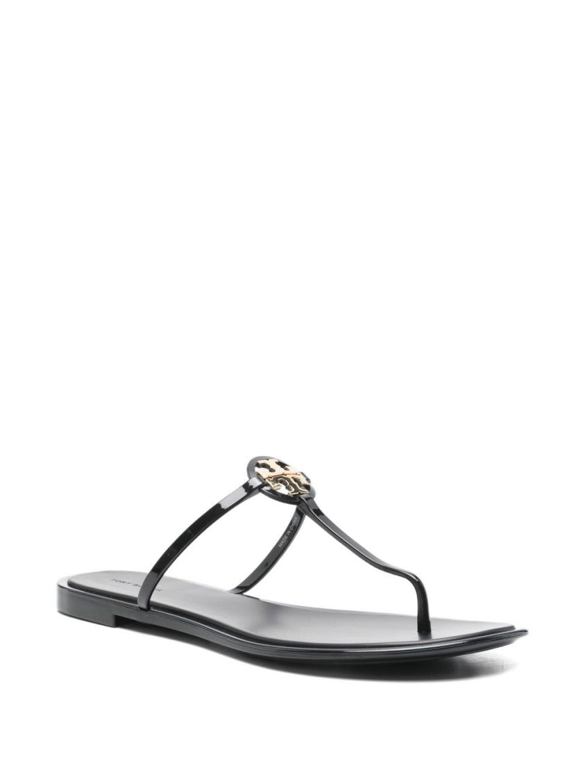 Tory Burch Minimalist Black Sandals With Metallic Logo Embellishment
