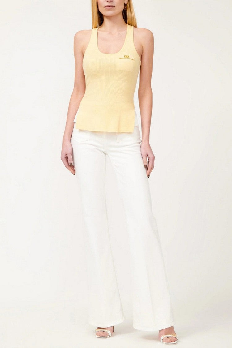 Elisabetta Franchi White Flap Pocket Gold Bow Accent Cotton Wide-Leg Jeans