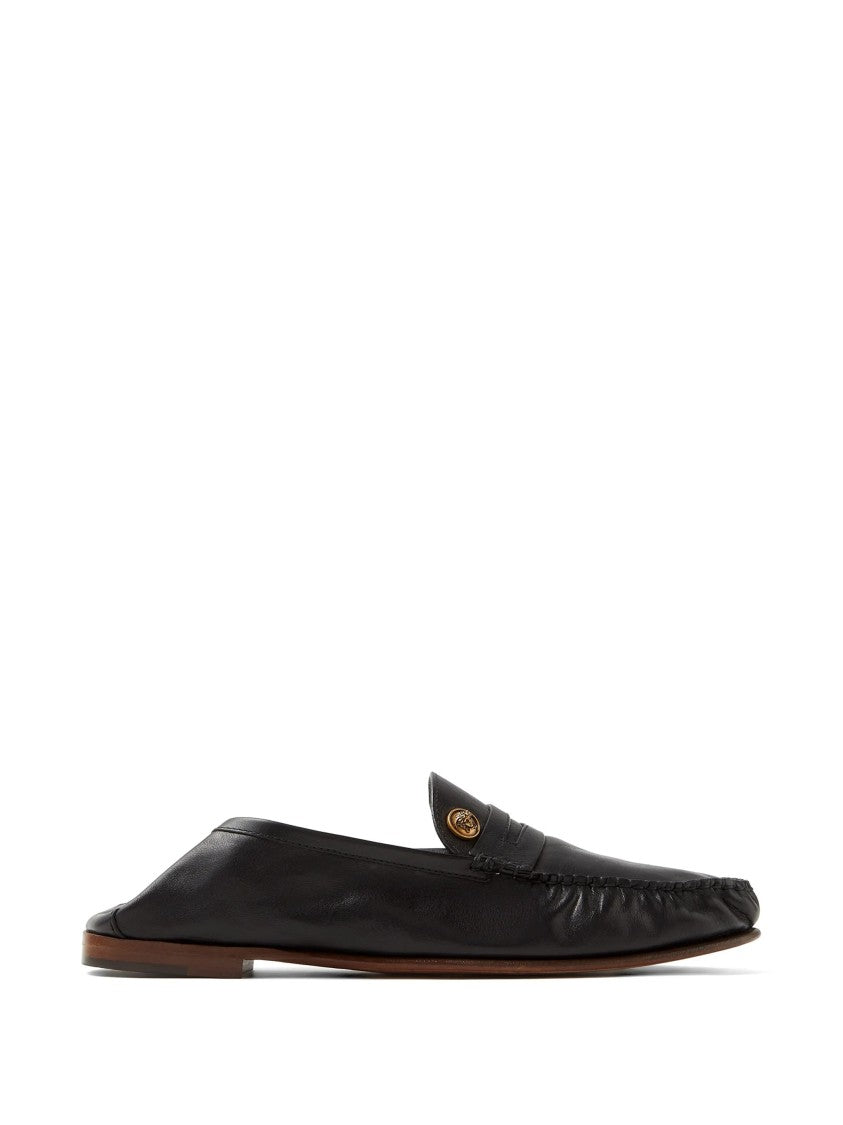 Versace Slip-On Loafers In Smooth Black Leather With Gold Emblem