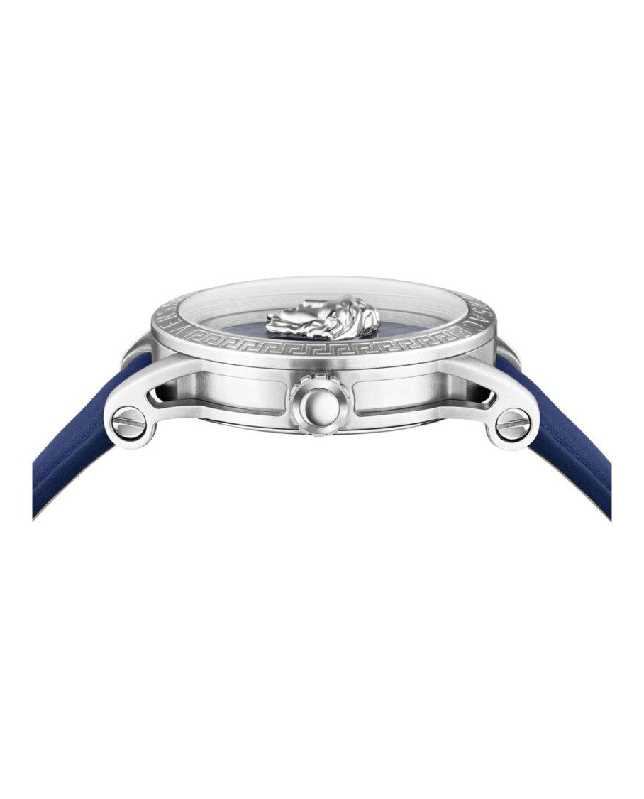 Versace V-Code Strap Watch With Blue Guilloche Dial