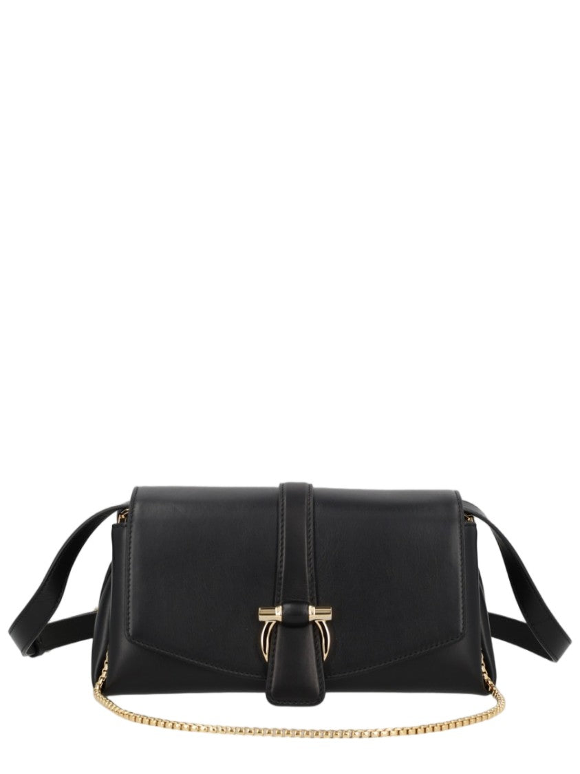 Ferragamo Black Gold Accent Calf Leather Shoulder Bag