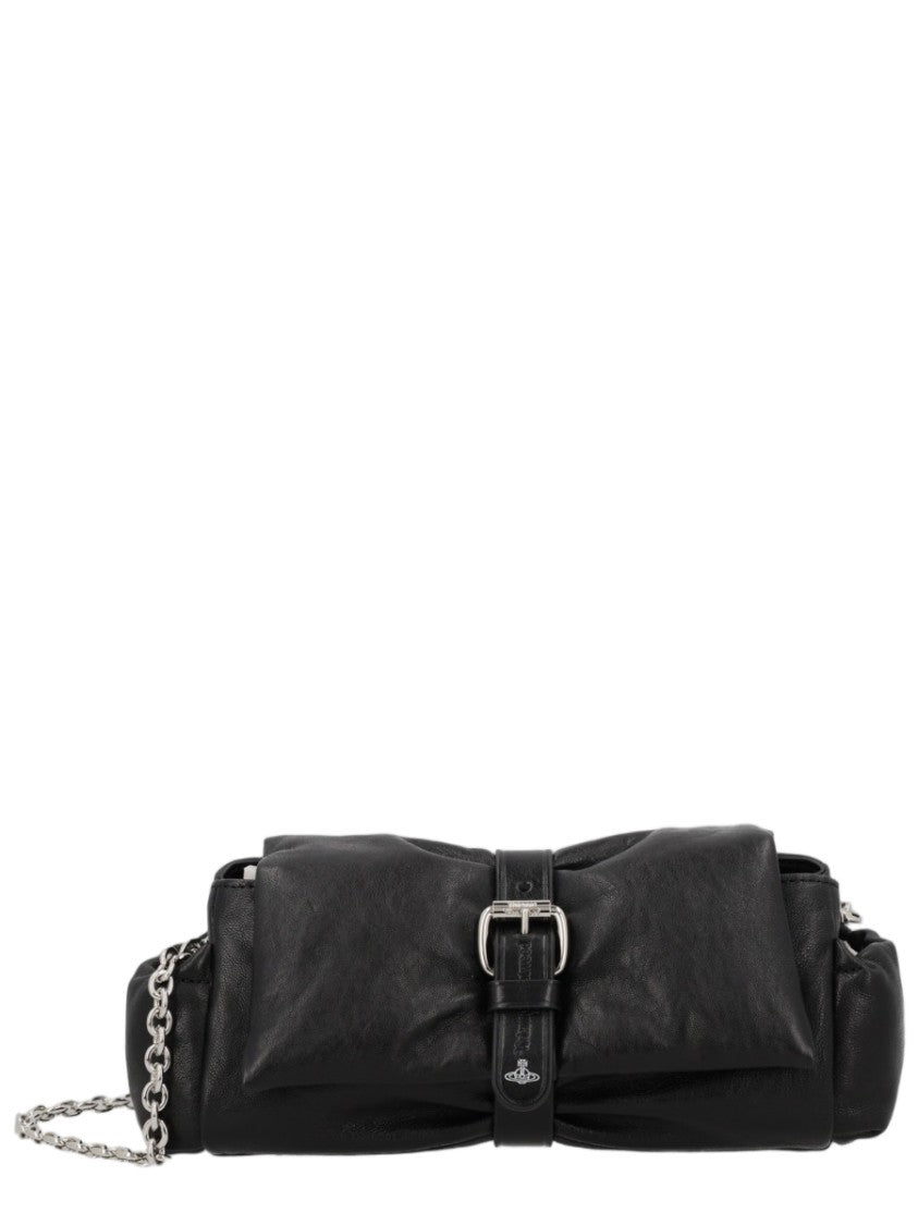 Vivienne Westwood Black Silver Buckle Gathered Calf Leather Clutch