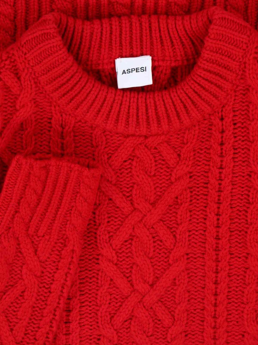 Aspesi Wool Cable Sweater, Red, Crew Neck