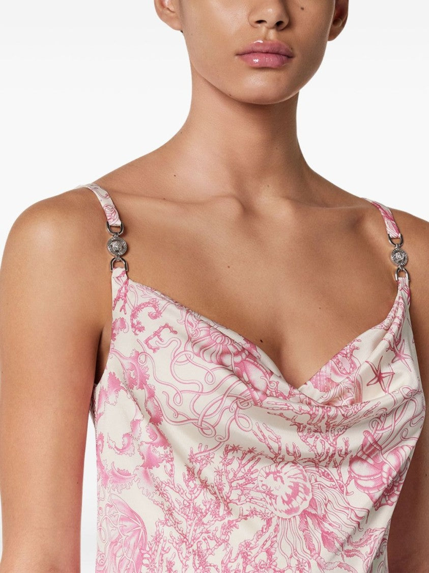 Versace Pink Barocco Pattern Draped Front Dress