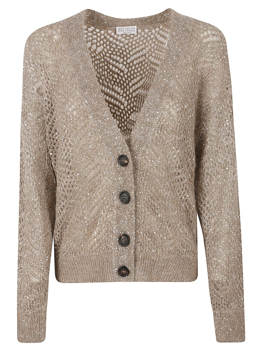 Brunello Cucinelli Cropped Cardigan With Open-Knit Sequined Design And Ribbed Cuffs