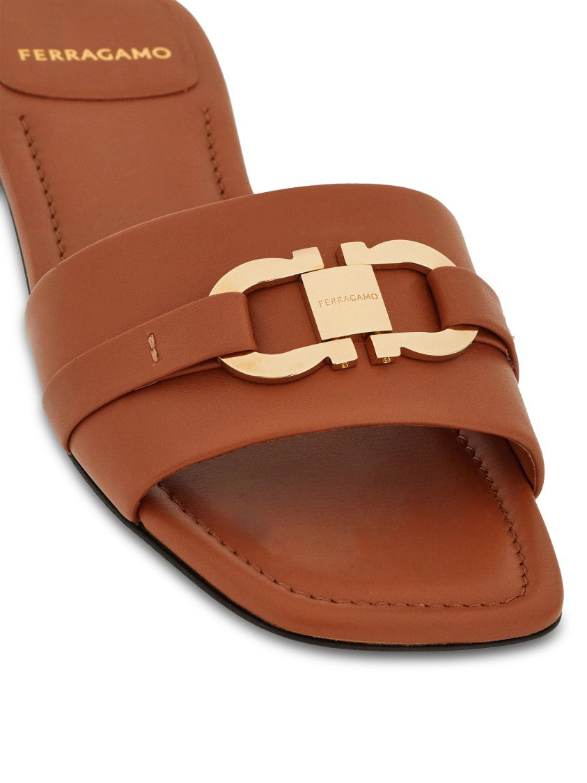 Ferragamo Flat Sandals With Polished Gold-Tone Buckle Detail
