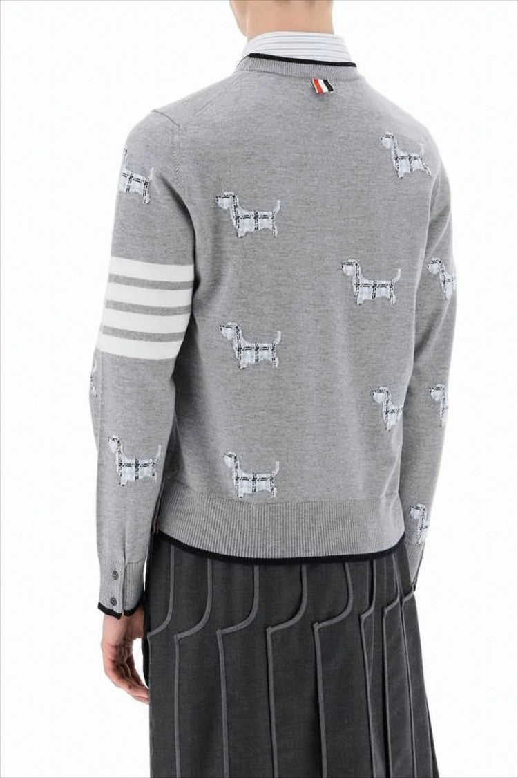 Thom Browne Grey Wool Sweater With Dog Motif And Signature Stripes