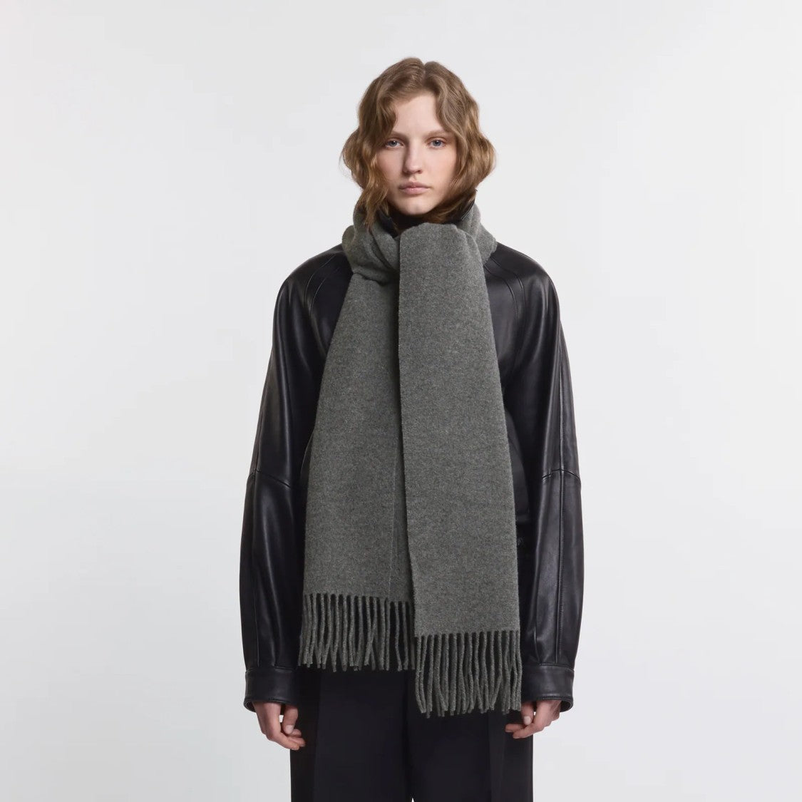 Hogan Fringed Grey Wool And Cashmere Scarf