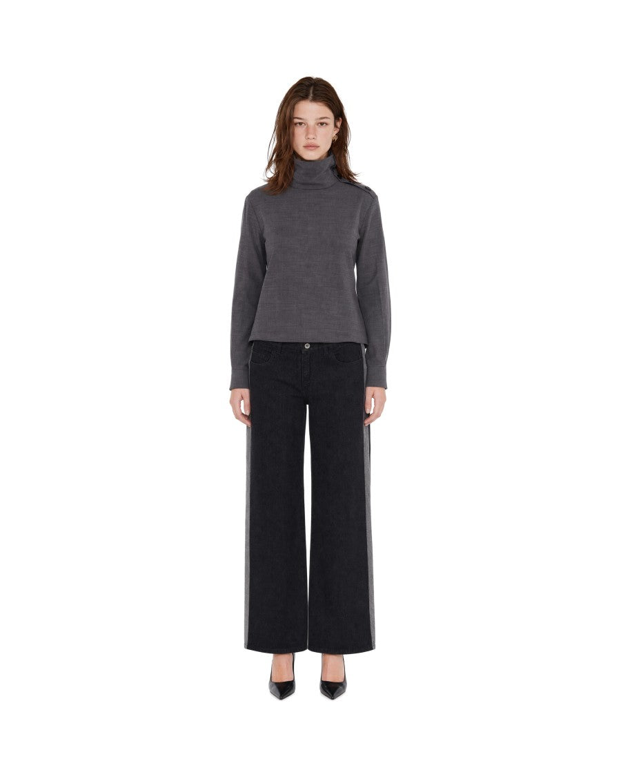 Patrizia Pepe Grey Melange Blouse With Soft Turtleneck And Buttoned Shoulder Straps