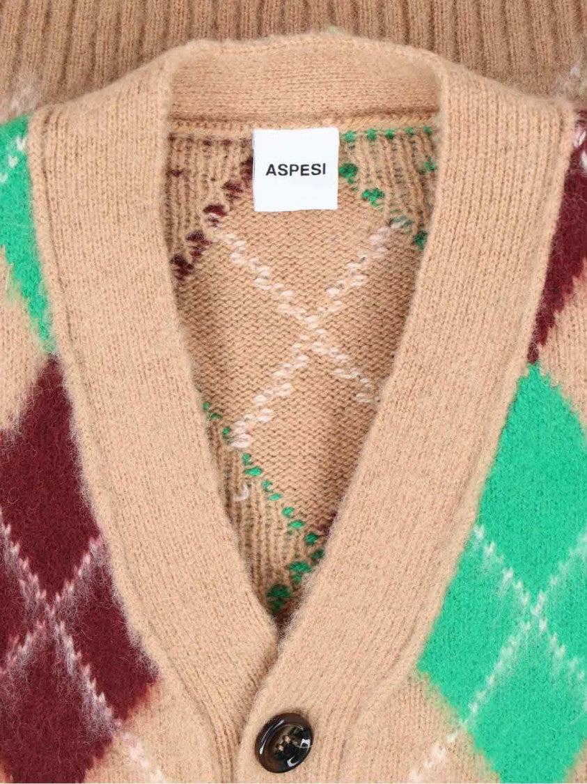 Aspesi Shetland Wool Cardigan – Beige Argyle