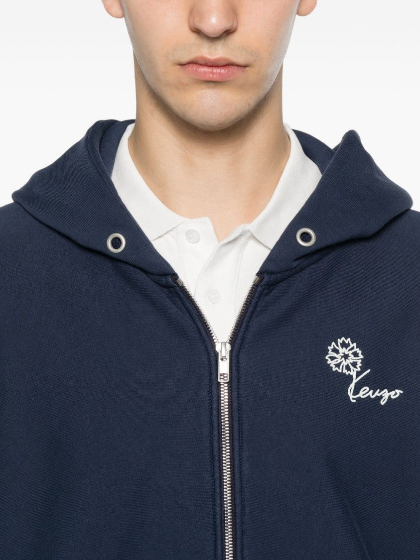Kenzo Blue Floral Print Hooded Pouch Sweatshirt