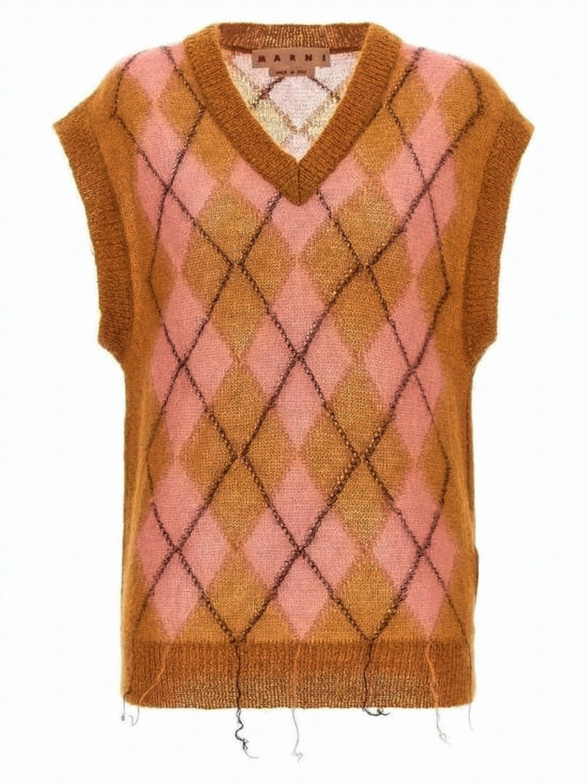 Marni Textured Argyle Knit Vest In Soft Mohair Blend