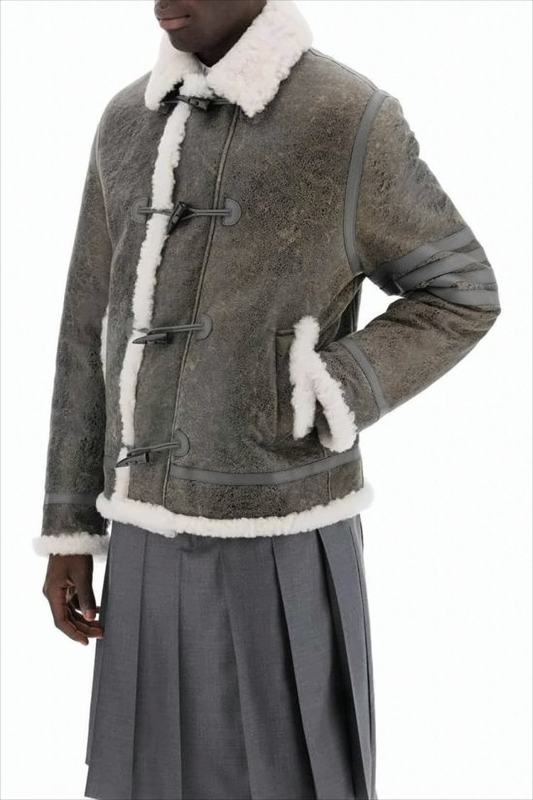 Thom Browne Brown Shearling-Collared Leather Jacket