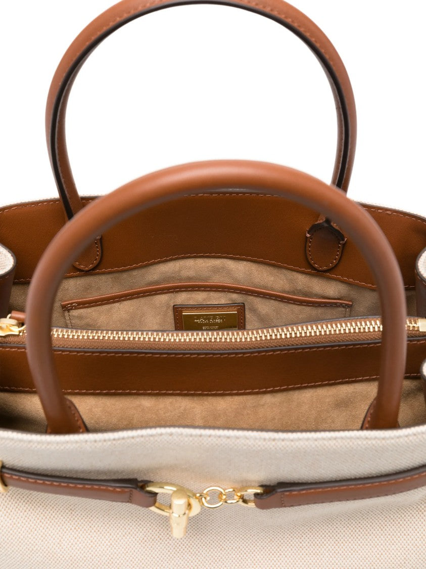 Lauren Ralph Lauren Structured Beige Canvas Handbag With Brown Leather Accents