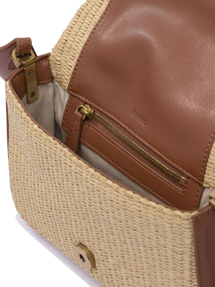 Pinko Beige Rafia And Leather Crossbody Bag