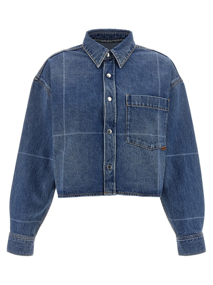 Denim X Alexander Wang Cropped Heavy Cotton Denim Shirt With Geometric Fading