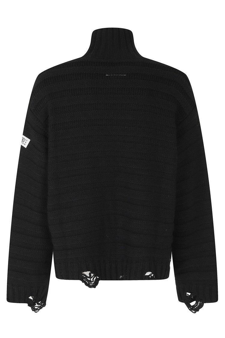 Mm6 By Maison Margiela Black High-Neck Distressed Wool-Blend Sweater