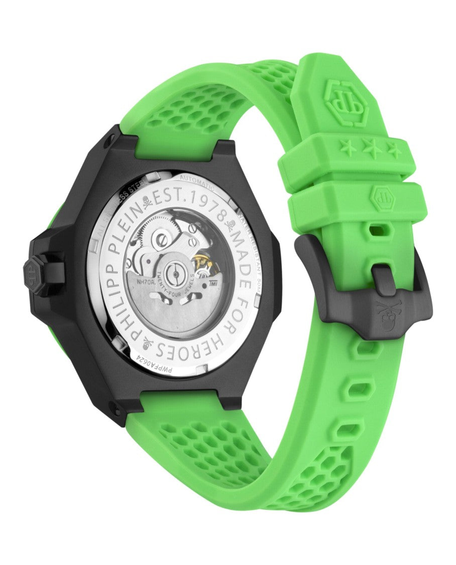 Philipp Plein Skeleton Dial Automatic Watch With Green Silicone Strap