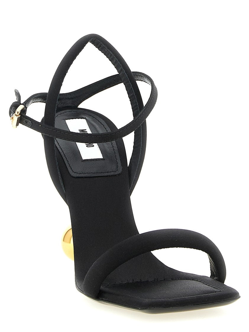 Moschino Satin Sandals With Sculptural Heel And Gold Detail