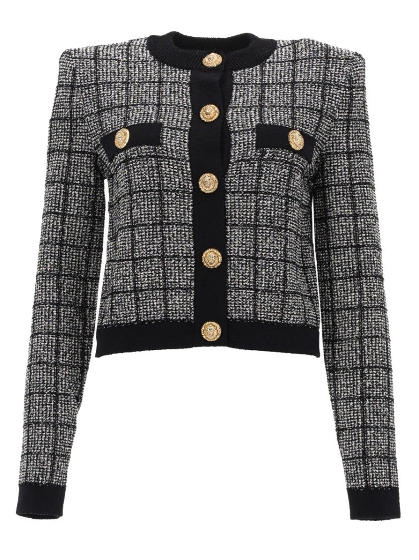 Balmain Textured Checkered Pattern Cropped Cardigan