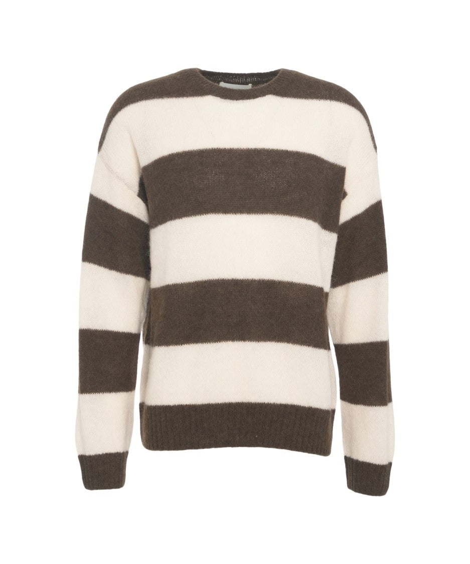 Closed Striped Knit Sweater With Ribbed Details