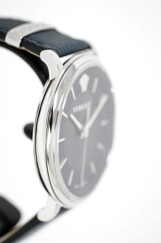 Versace Stainless Steel Quartz Watch With Deep Blue Dial And Calf Leather Strap