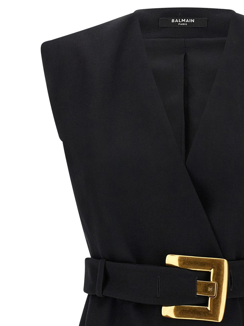 Balmain Mini Wrap Dress With Padded Shoulders And Exquisite Metal Buckle