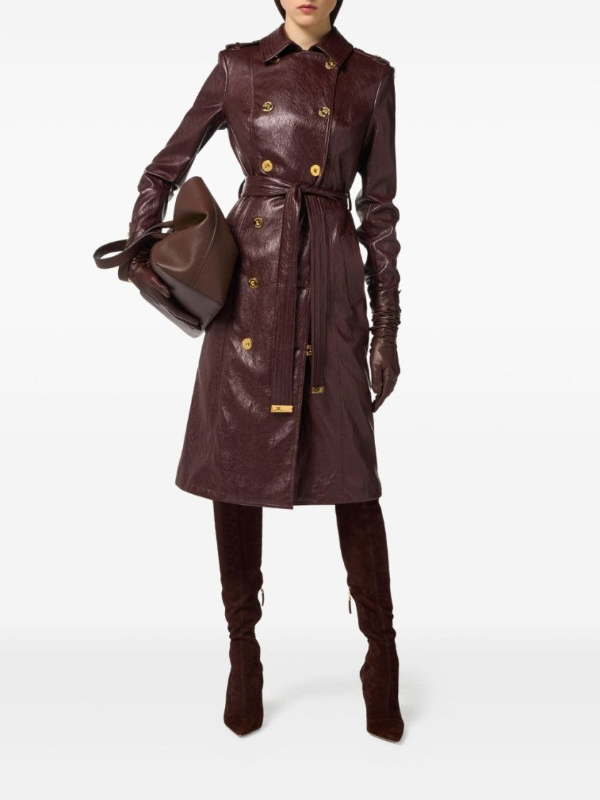 Elisabetta Franchi Bordeaux Double-Breasted Trench Coat With Glossy Finish