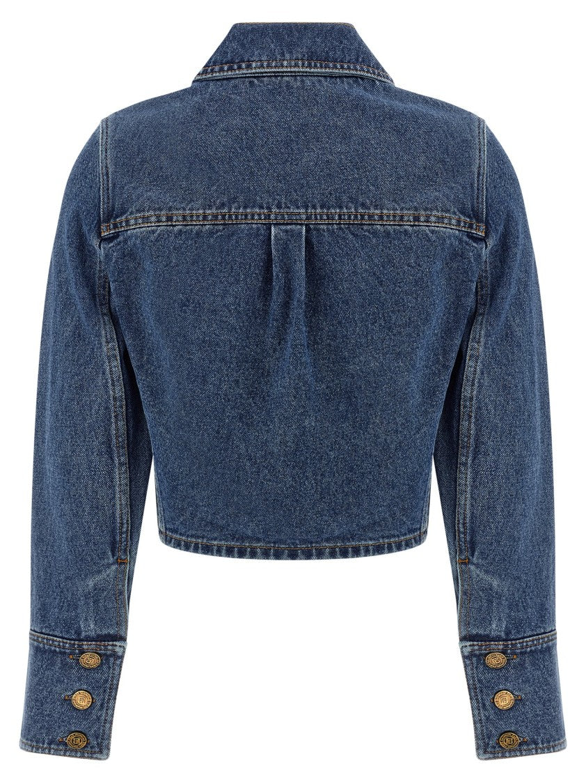 Balmain Cropped Cotton Denim Jacket With Classic Collar