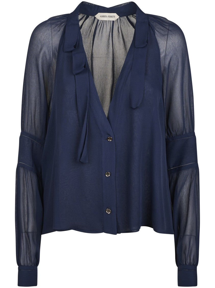 Alberta Ferretti Sheer Lightweight Blouse With Deep V-Neck
