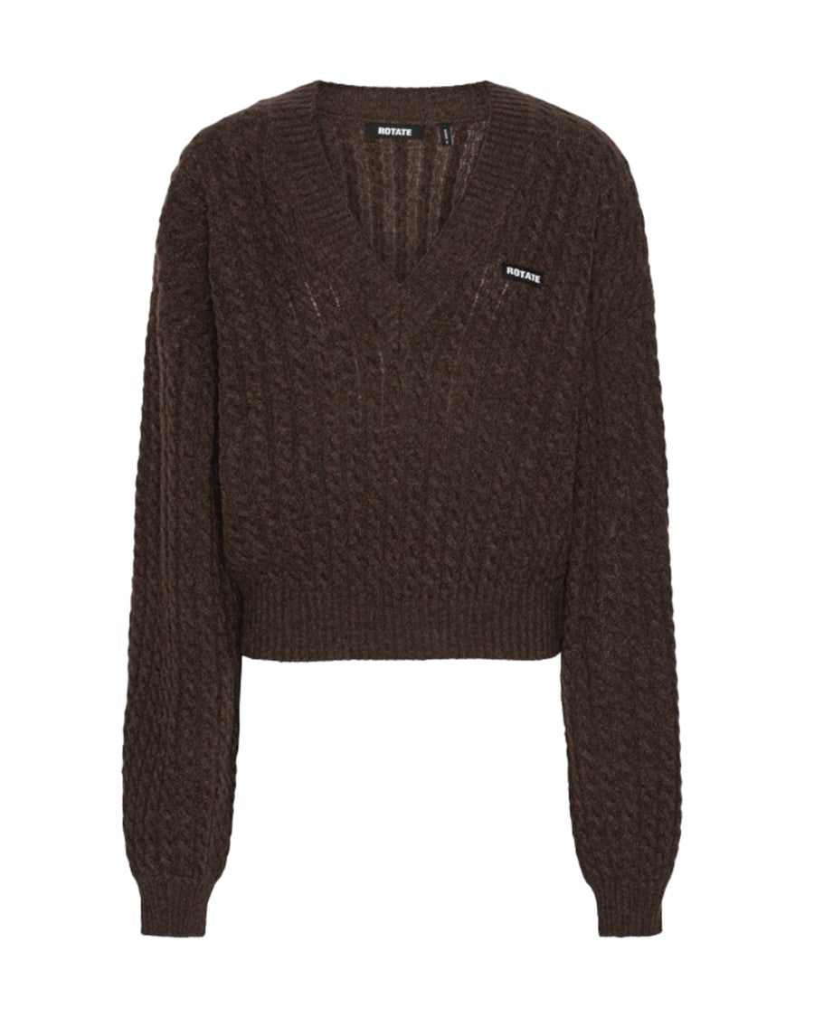 Rotate Cropped Cable-Knit Sweater With Deep V-Neck And Ribbed Edges