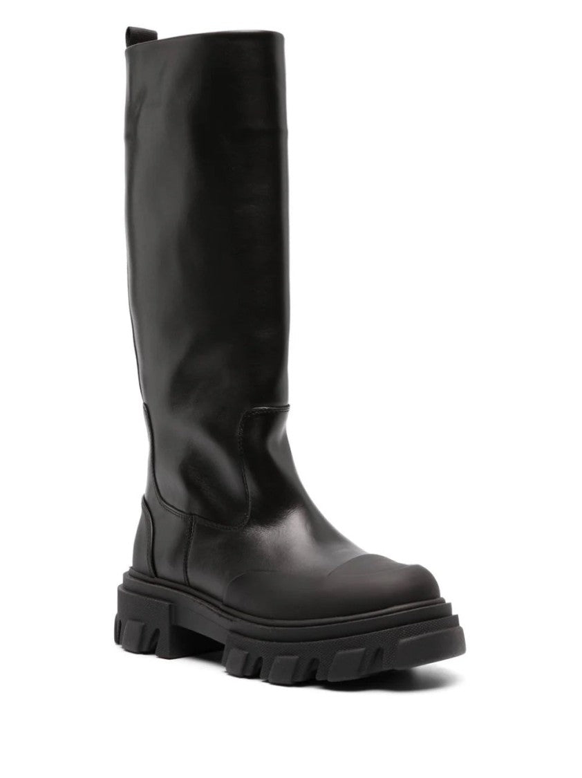 Ganni Black Cleated High Tubular Chunky Pull Tab Leather Boots