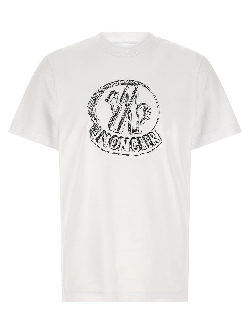 Moncler White Crewneck T-Shirt With Splash Effect Logo Embroidery