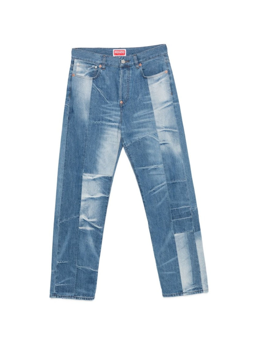 Kenzo Stone Blue Cotton Trousers With Whiskering Effect