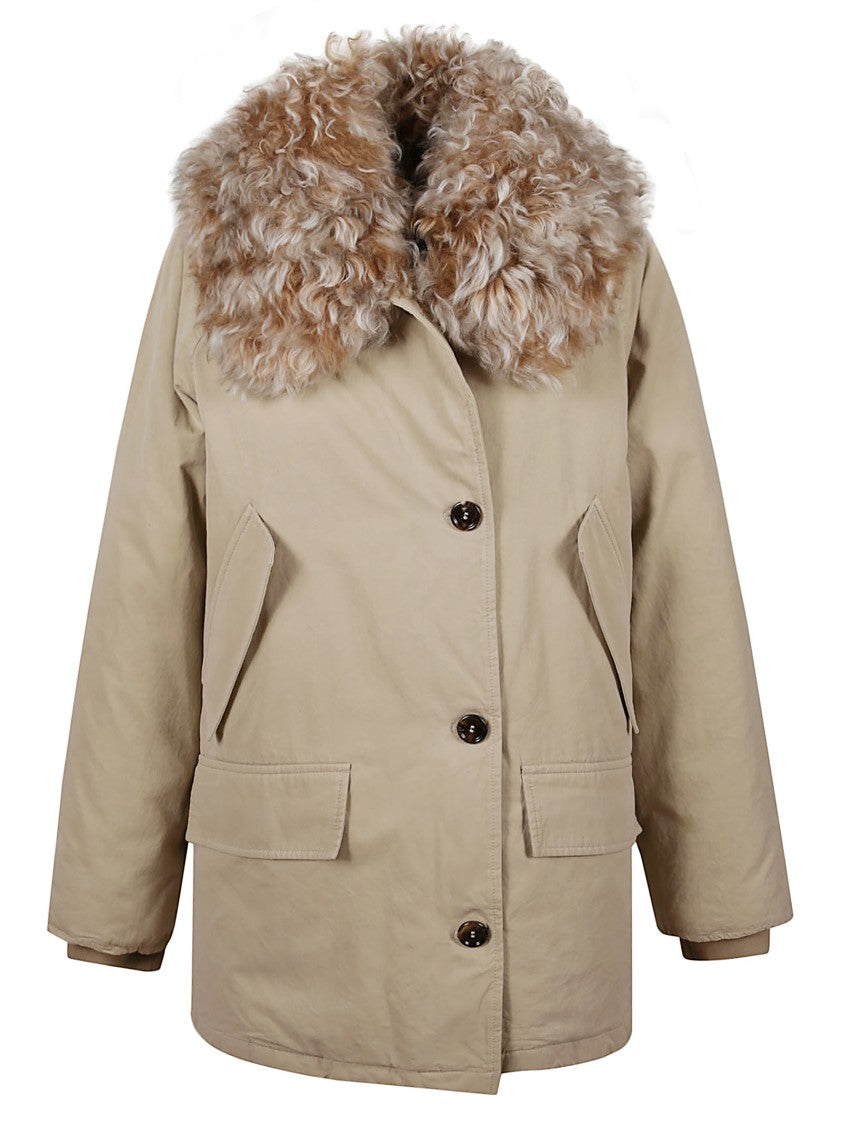 Prada Short Beige Coat With Curly Fur Collar