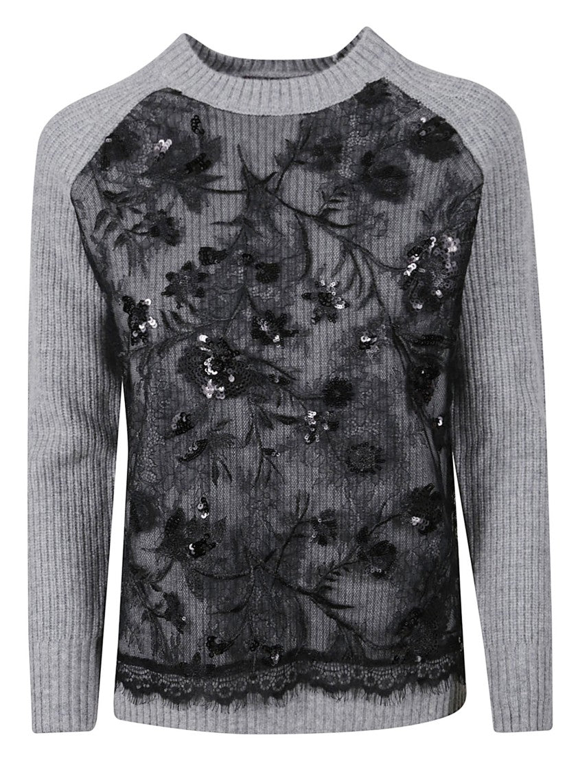 Ermanno Firenze Ribbed Knit Sweater With Delicate Lace Overlay