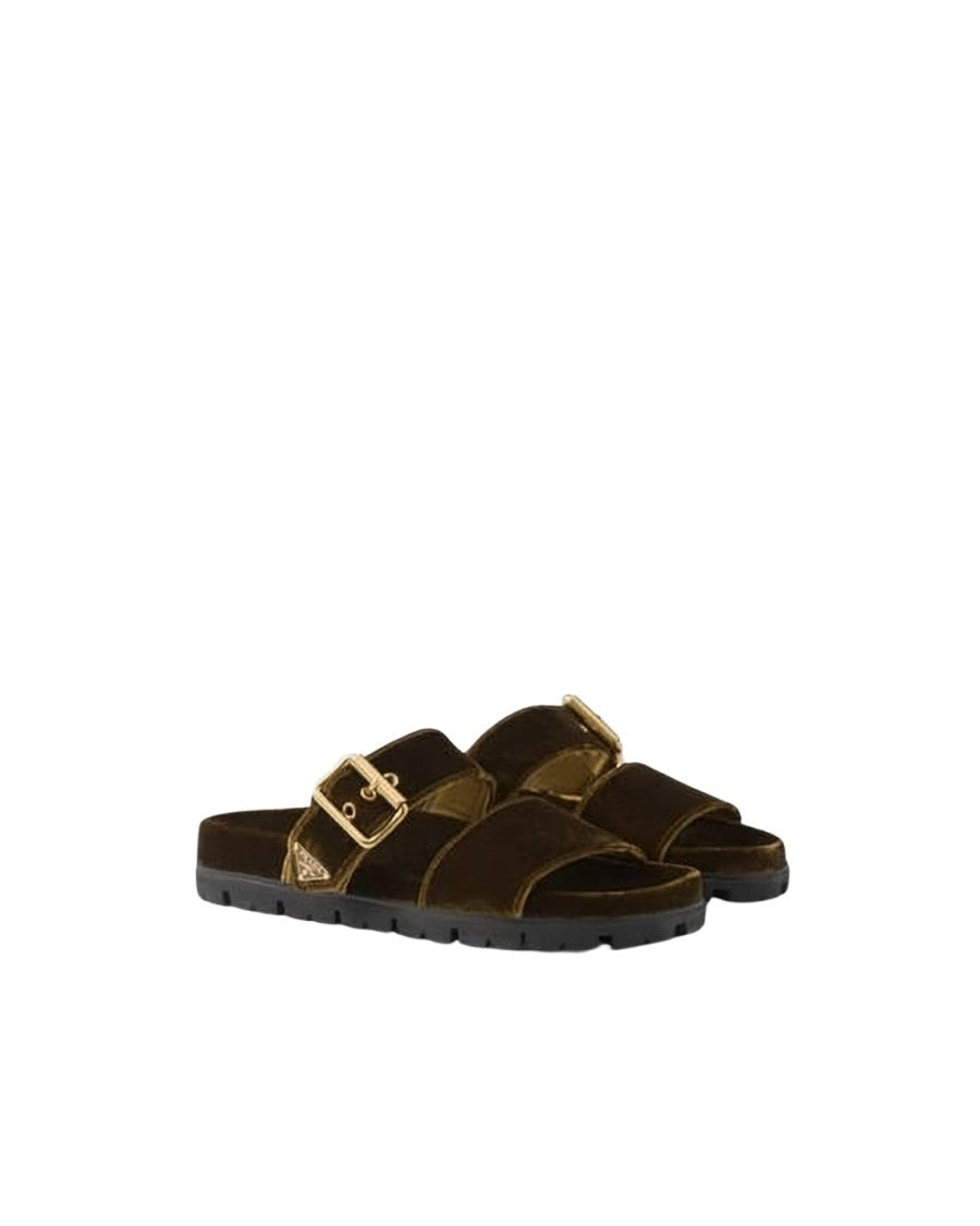 Prada Brown Velvet Mules With Gold-Tone Buckles