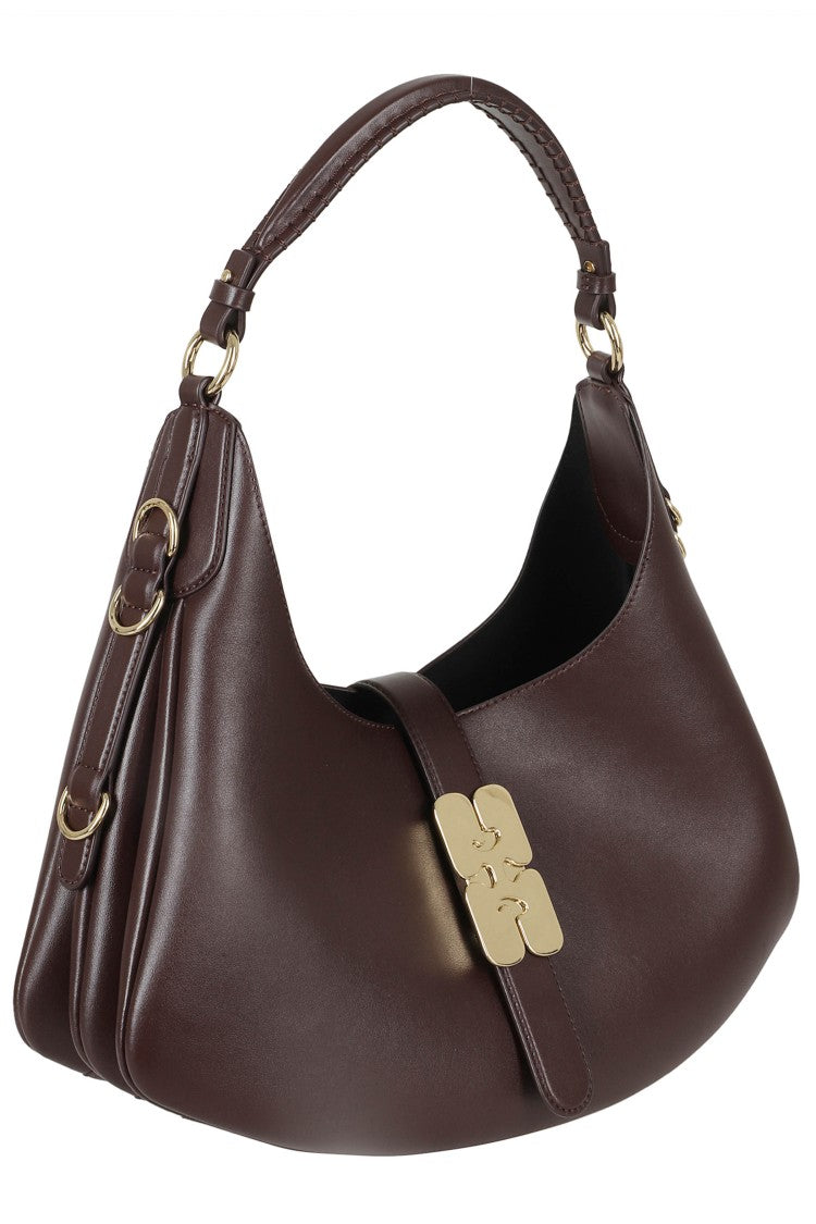 Ganni Coffee Kat Small Gold Butterfly Logo Leather Shoulder Bag