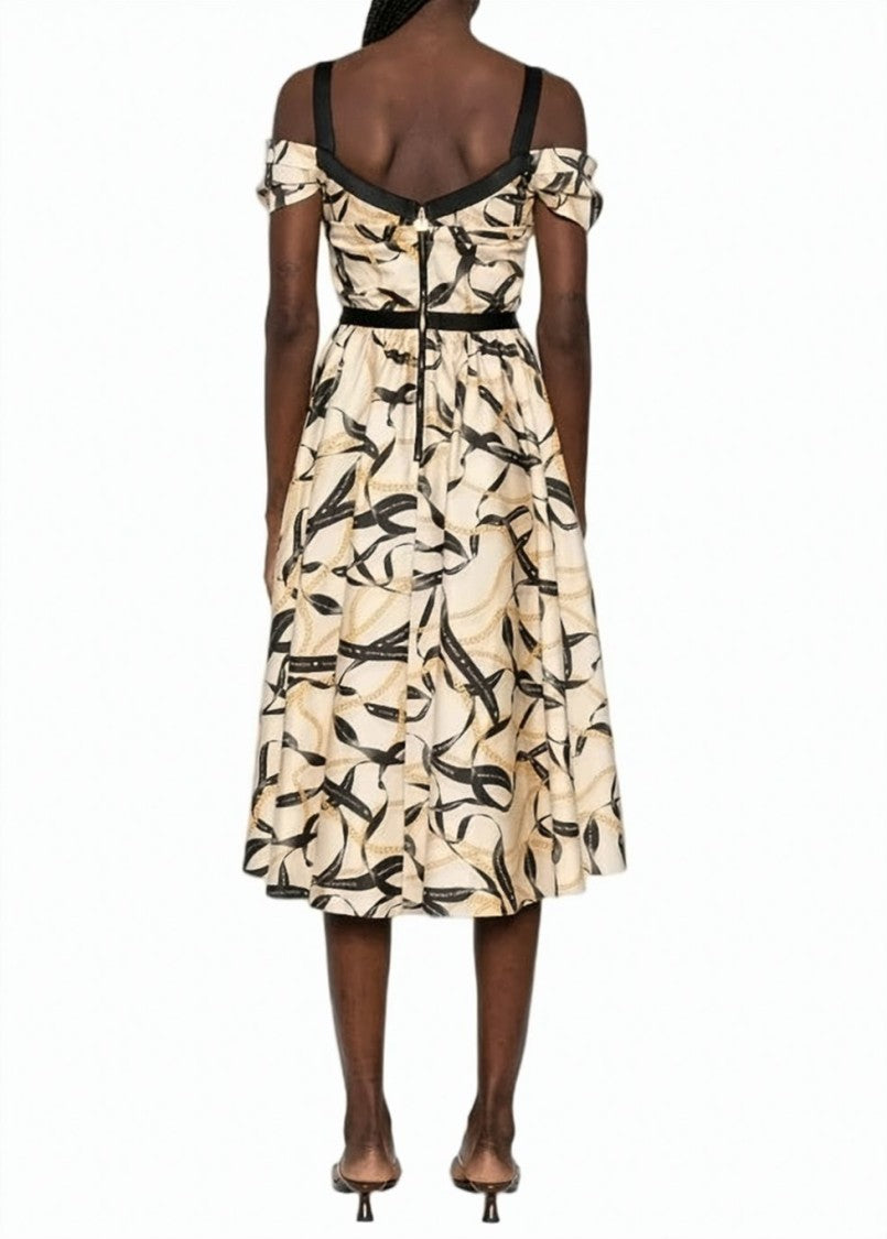 Elisabetta Franchi Ribbon Print Off Shoulder Dress