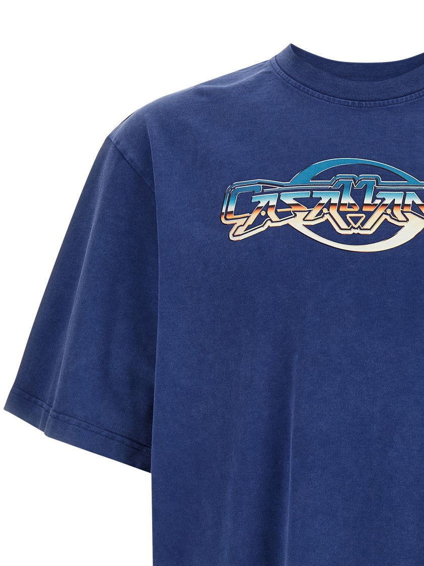 Casablanca Washed Navy Blue Oversized Cotton Crew Neck T-Shirt With Graphic Print