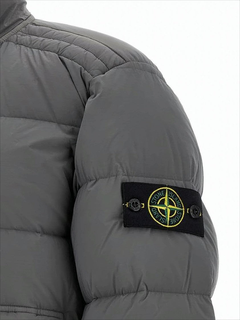 Stone Island Quilted Grey Padded Jacket With High Collar And Distinctive Patch