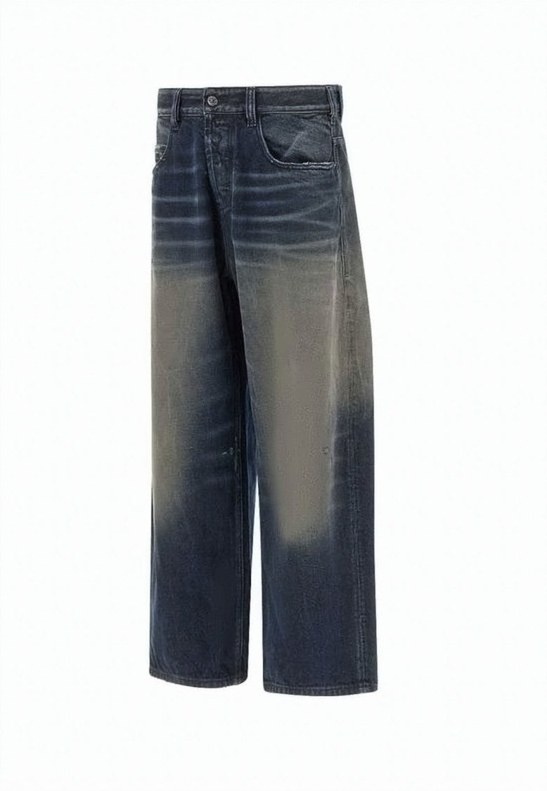 Diesel Blue Wide-Leg Cotton Hemp Denim Pants