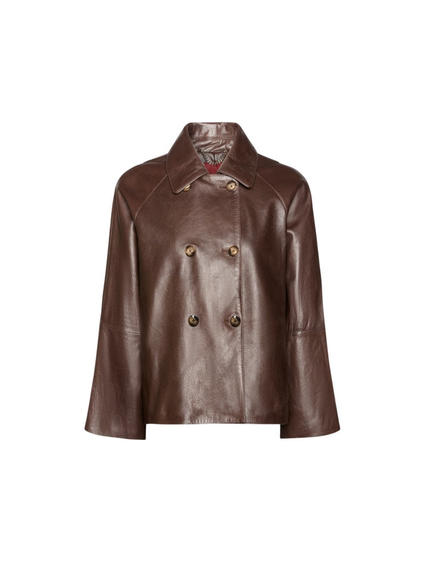 Elena Miro` Brown Corto Real Leather Double-Breasted Jacket