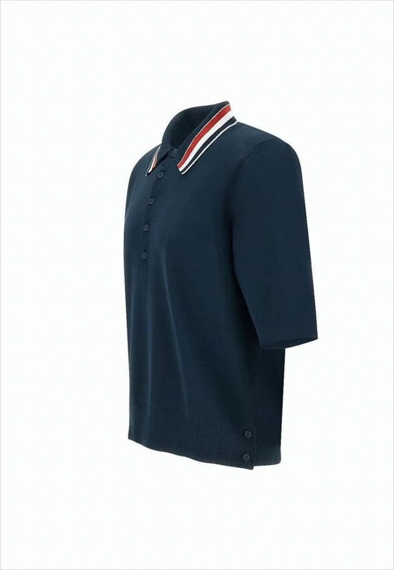 Thom Browne Navy Polo Shirt With Striped Collar And Side Button Details