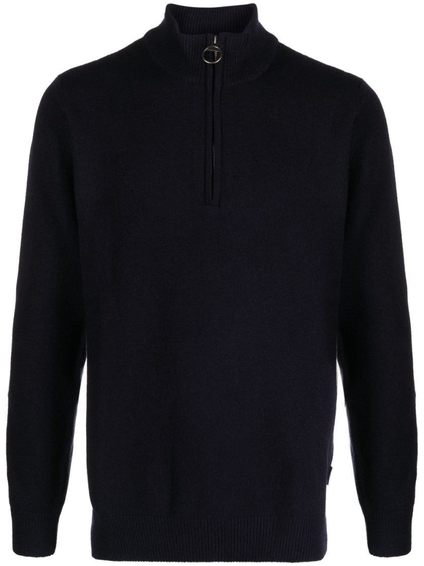 Barbour Ribbed Knit Half-Zip Sweater With Classic Funnel Neck And Elbow Patches