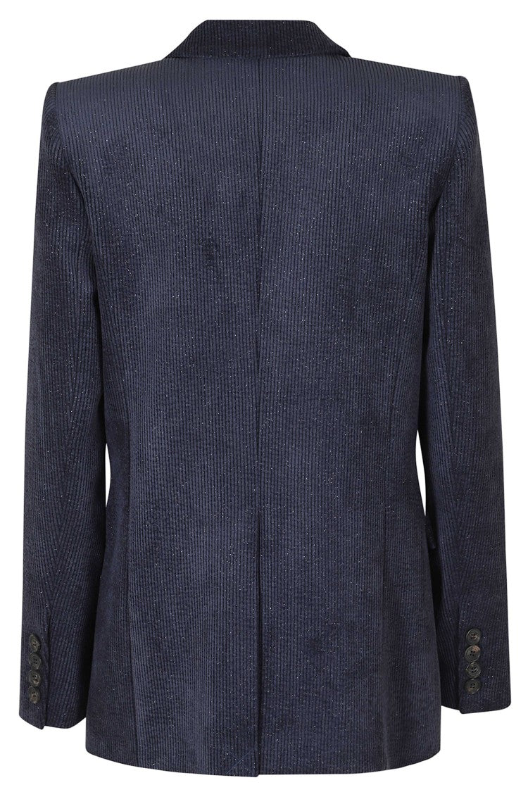 Ermanno Firenze Blue Polished Corduroy Double-Breasted Polyester-Blend Blazer