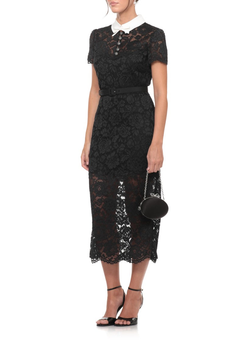 Self-Portrait Intricate Floral Lace Midi Dress With Bow Collar And Jewel Buttons