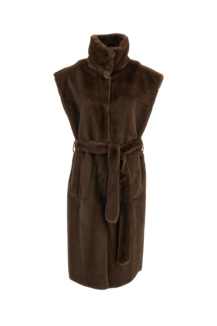 Stand Studio Brown Oaklynn Reversible Belted Long Faux Fur Vest