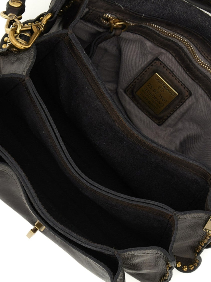 Campomaggi Rectangular Handbag With Studded Flap Closure And Accordion Profile