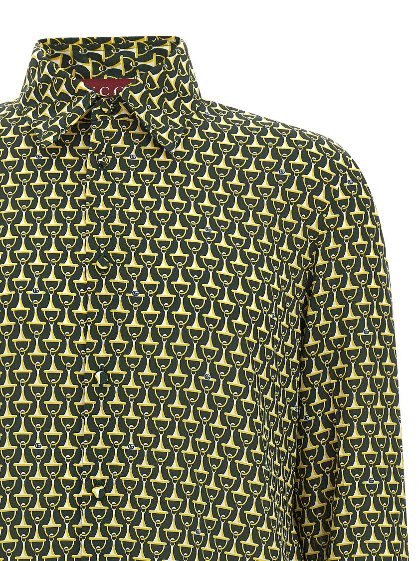 Gucci Horsebit Print Silk Shirt With Pointed Collar And Button Closure